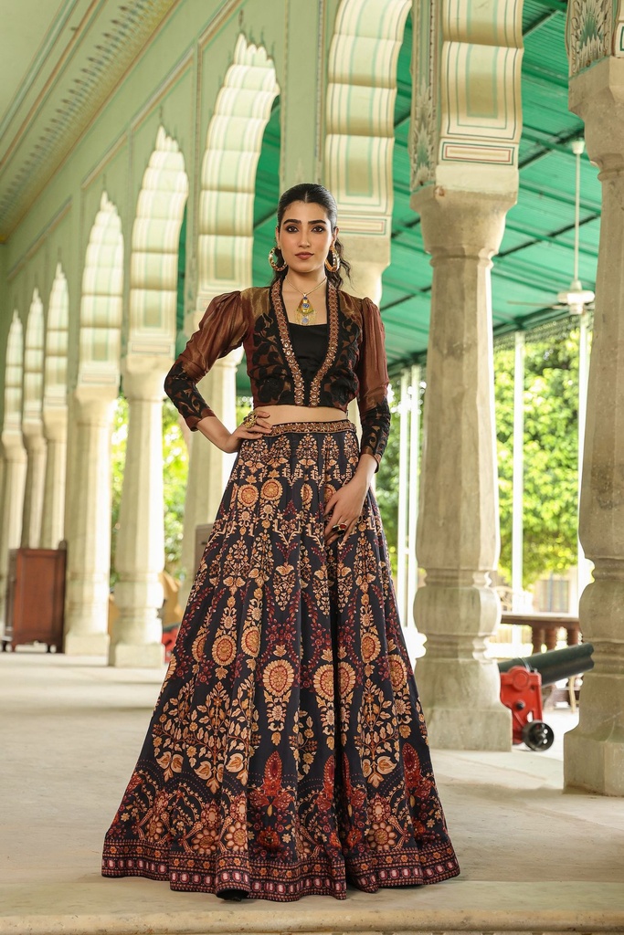 Black Traditional Print Lehenga with Stylish Full-Sleeve Blouse