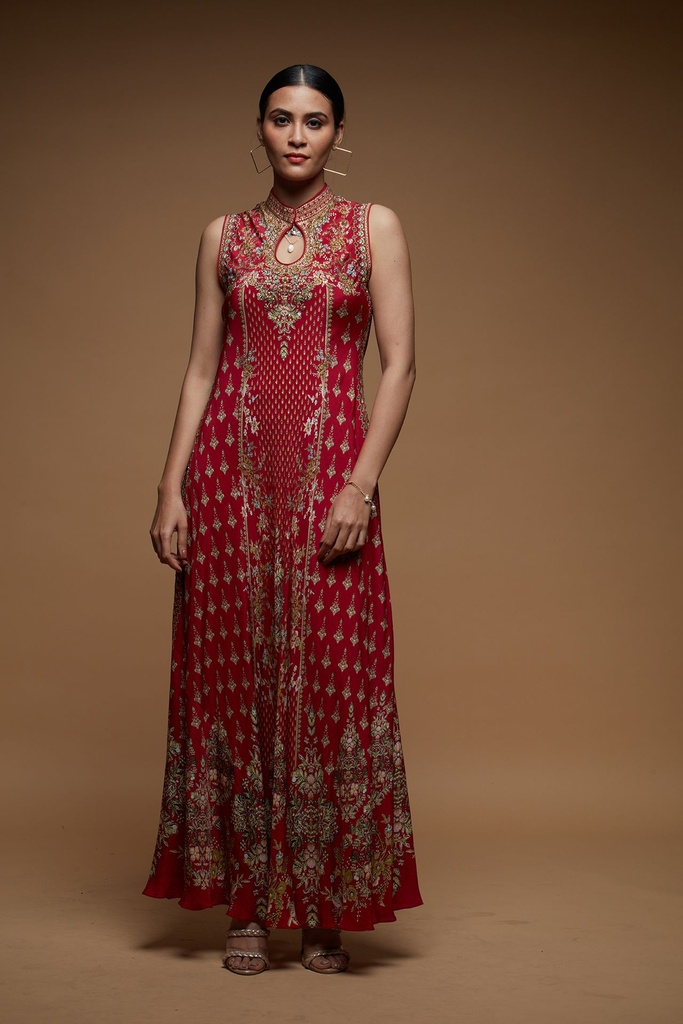 Red Sleeveless Rhinestone Bias Gown