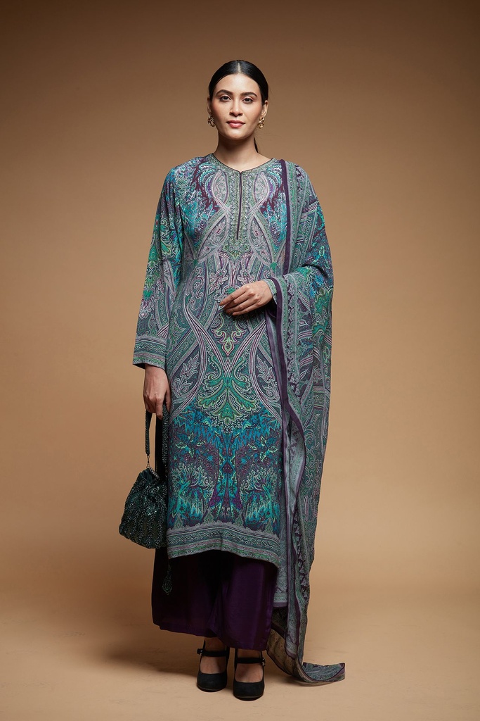 Majestic Teal Kurta Set with Georgette Dupatta and Rhinestone Embellishments