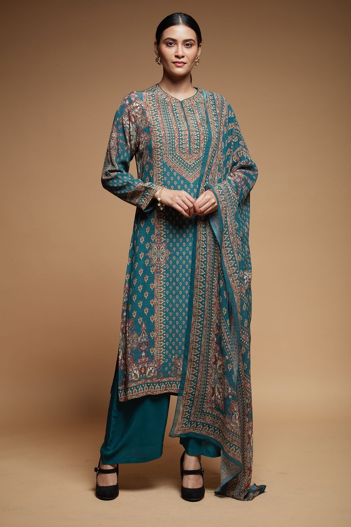 Teal Digital Print Kurta Set with Georgette Dupatta and Rhinestone Embellishments