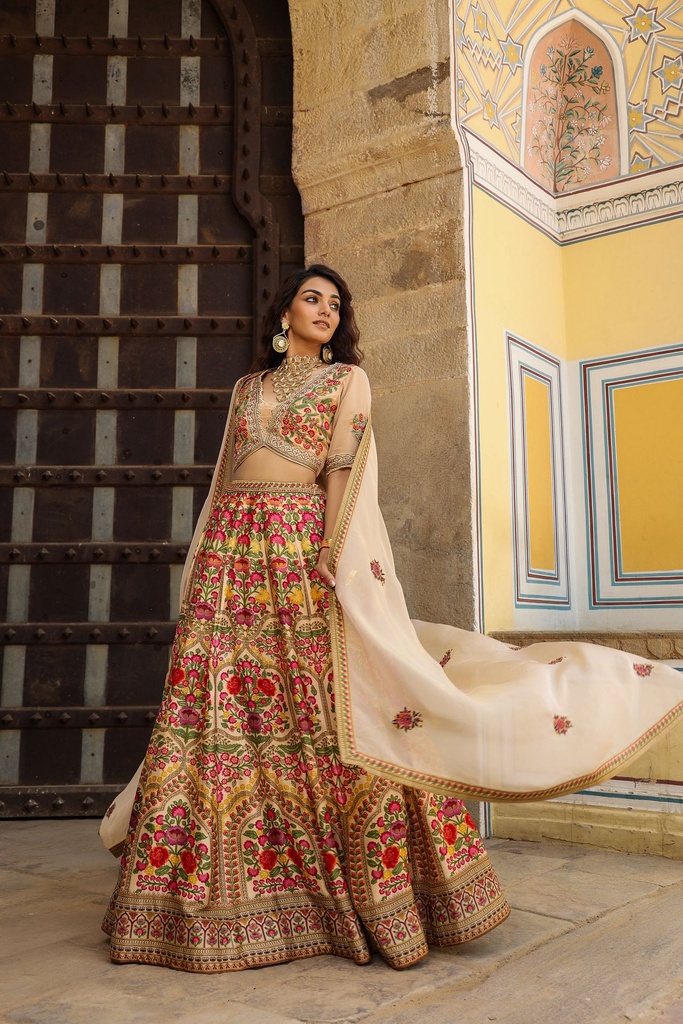 Beige Blossom Embroidered Lehenga Set