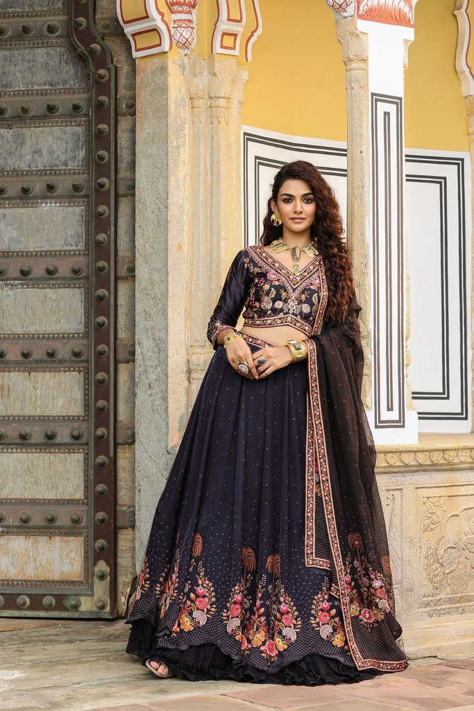 Black Floral Frill Lehenga Set