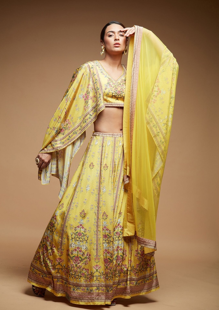 Mustard Digital Print Lehenga Set with Swarovski Embroidery