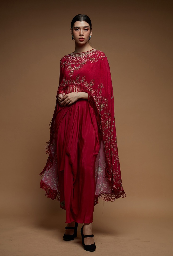 Fuchsia Cape and Dhoti Set with Swarovski Embroidery