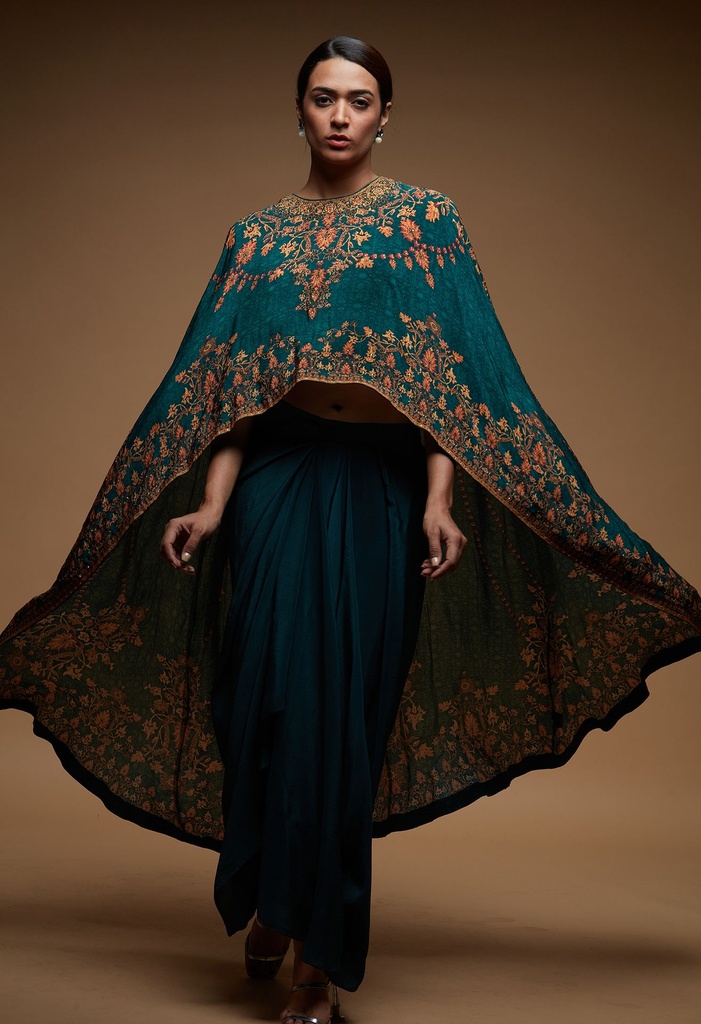 Teal Printed Cape Dhoti Skirt Set with Swarovski Embroidery