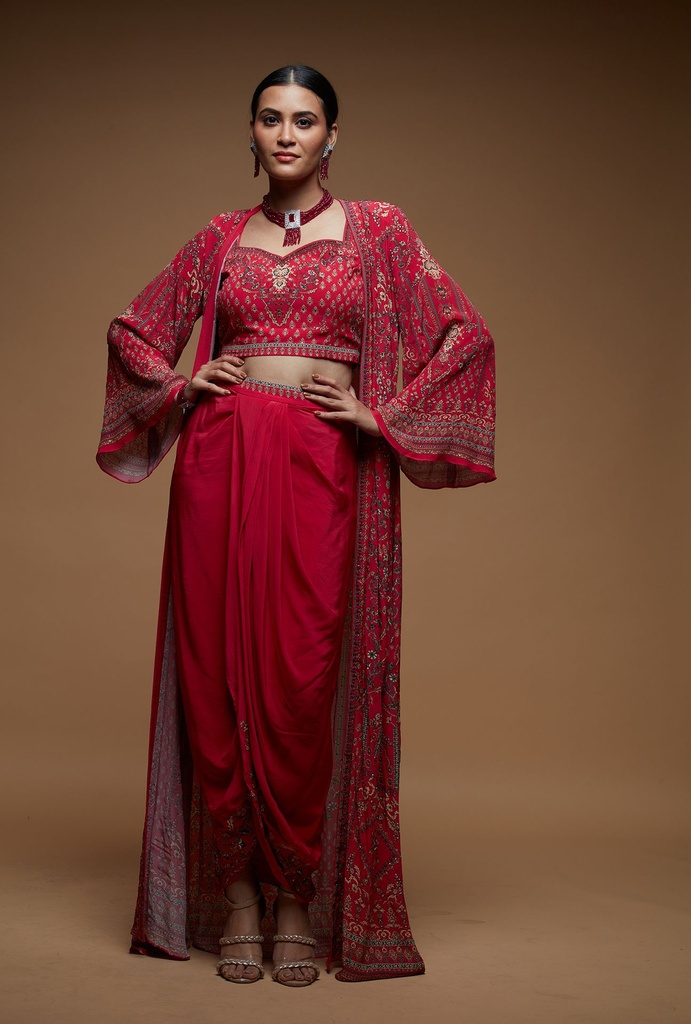 Elegant Red Jacket & Dhoti Pants Set