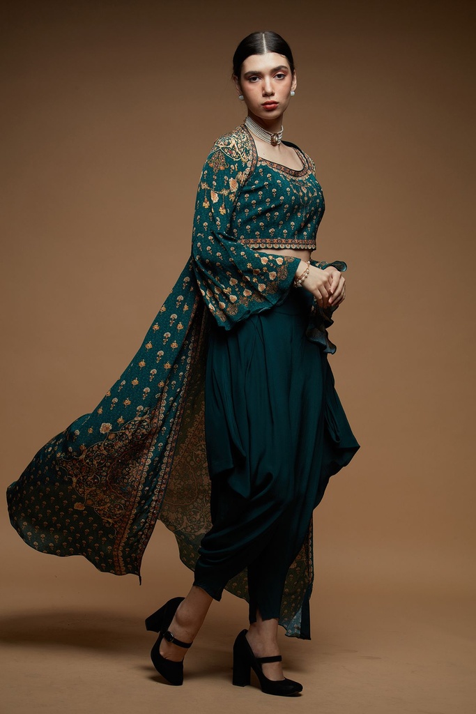 Deep Teal Digital Print Jacket & Dhoti Set with Swarovski Embroidery