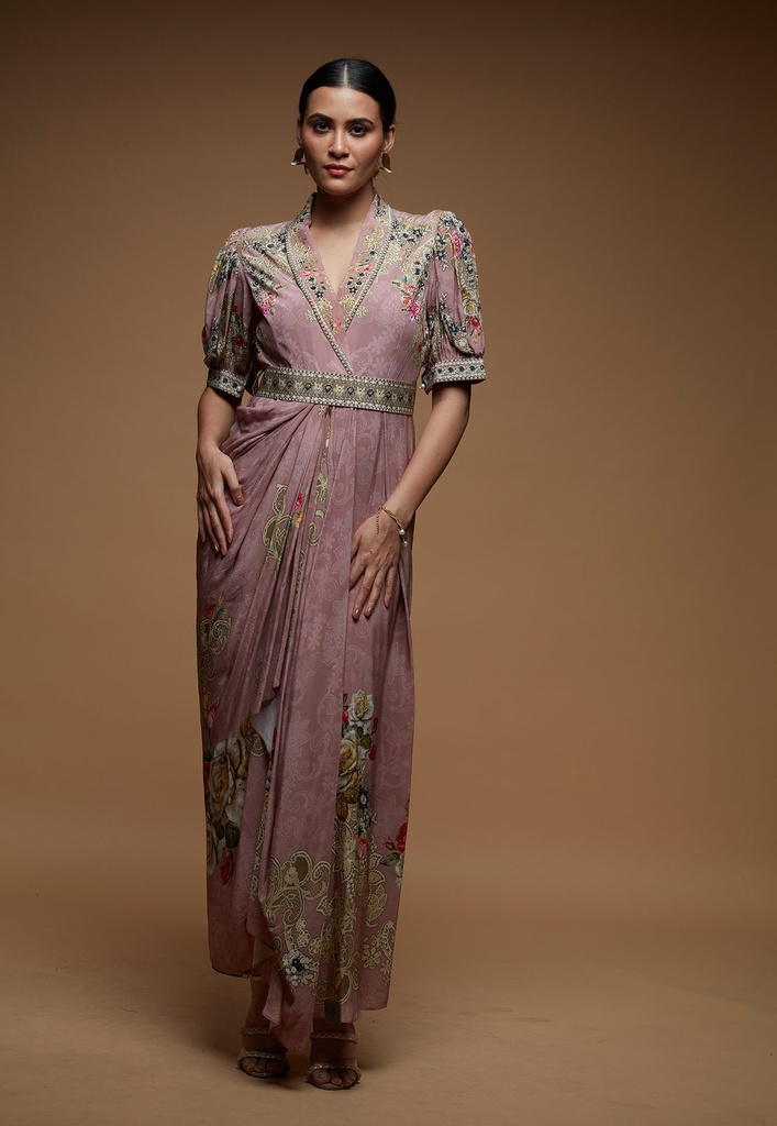 Blush Aurora Draped Gown with Swarovski Embroidery