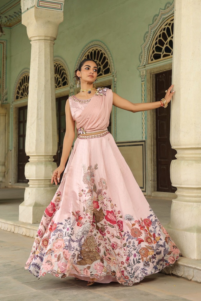 Peach Blossom Drape Lehenga Set