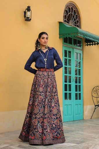 Navy blue traditional printed skirt with embroidered collar shirt