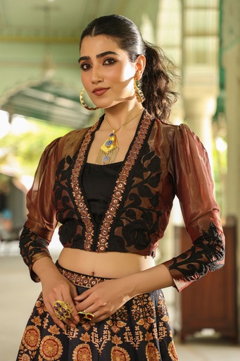 Black Traditional Print Lehenga with Stylish Full-Sleeve Blouse