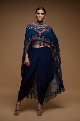 Navy Blue Printed Cape Dhoti Set with Swarovski Embroidery